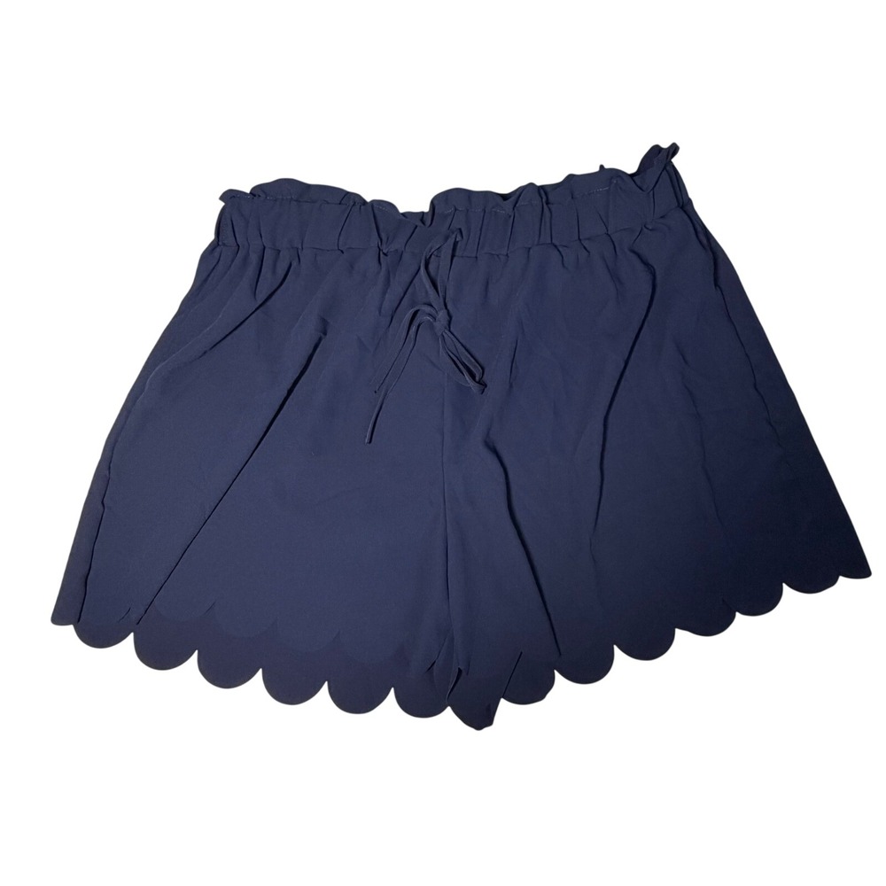 MAKEMECHIC Women's Plus XXL Navy Blue‎ Scalloped Hem Shorts Elastic Waist